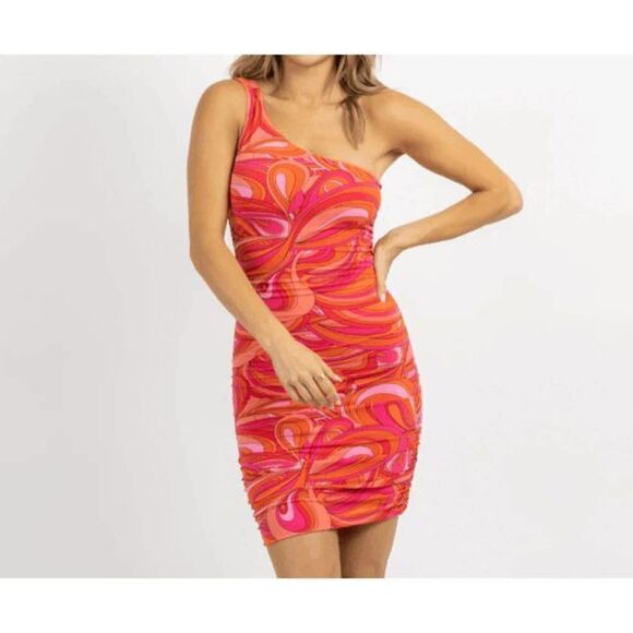 Olivaceous Retro Print One Shoulder Mini Dress size Large - Picture 1 of 8